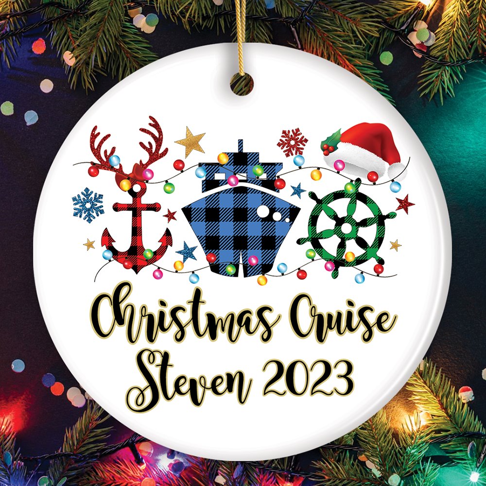 Personalized Cruise Vacation Buffalo Plaid Leopard Merry Christmas Ornament  Gift