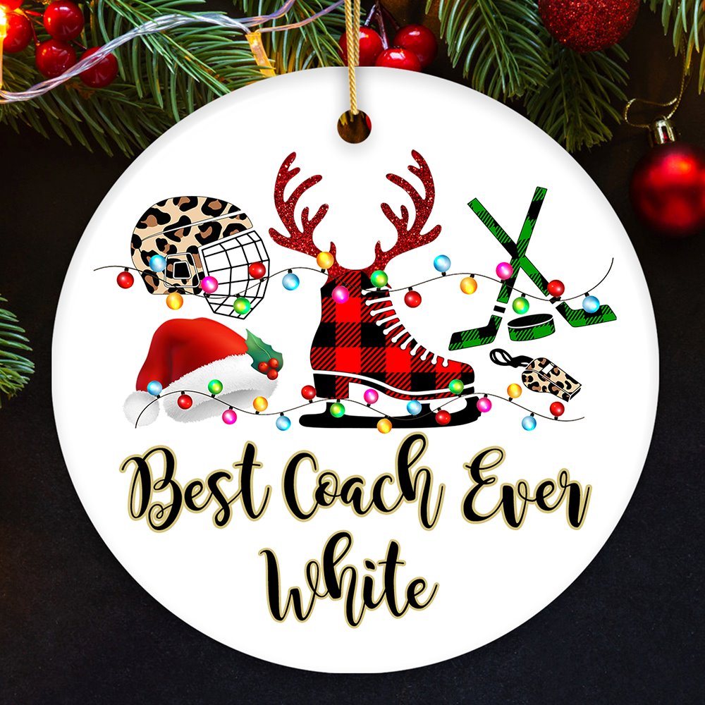 Personalized Hockey Buffalo Plaid Leopard Merry Christmas Ornament, Team and Coaches Gift Ceramic Ornament OrnamentallyYou Circle 