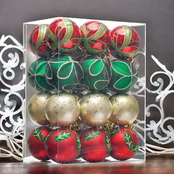 Refined Ornament Bauble Set, 24 Piece Red, Gold, and Green Glitter Christmas Bundle Ornament Bundle OrnamentallyYou