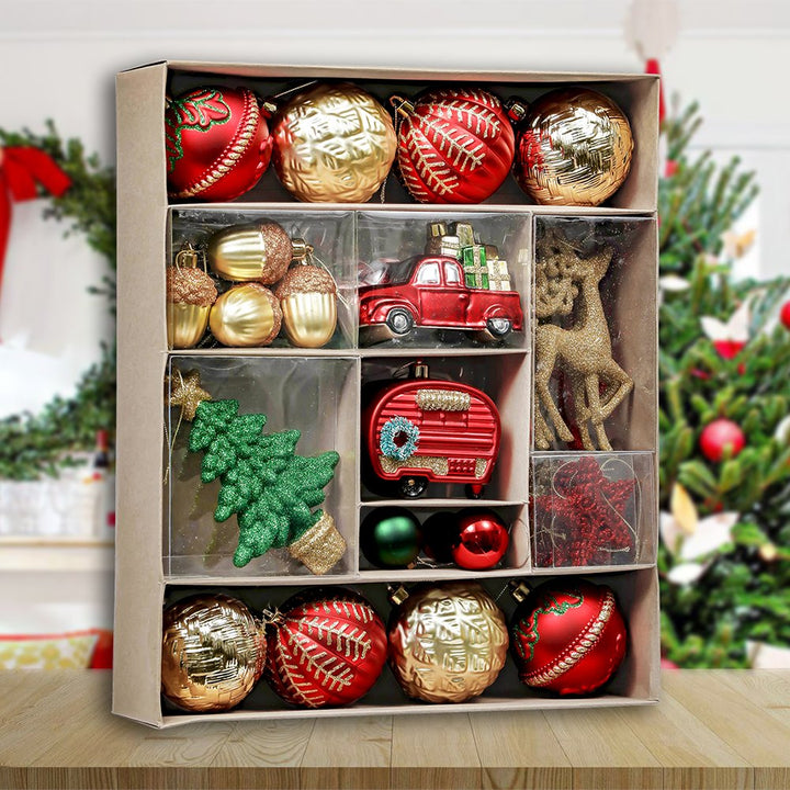 Rustic Christmas Adventure Ornament Bauble 60 Piece Set, Camping Truck, Acorns, Woods Theme Ornament Bundle OrnamentallyYou