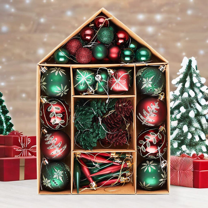 Sophisticated Red and Green Saturated Ornament Ball Bundle Set, Refined Forest Nature Glittered Patterns on Baubles, 70 Pieces Ornament Bundle OrnamentallyYou
