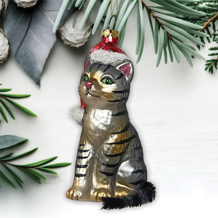 Tabby Cat with Santa Hat Glass Christmas Ornament Glass Ornament OrnamentallyYou