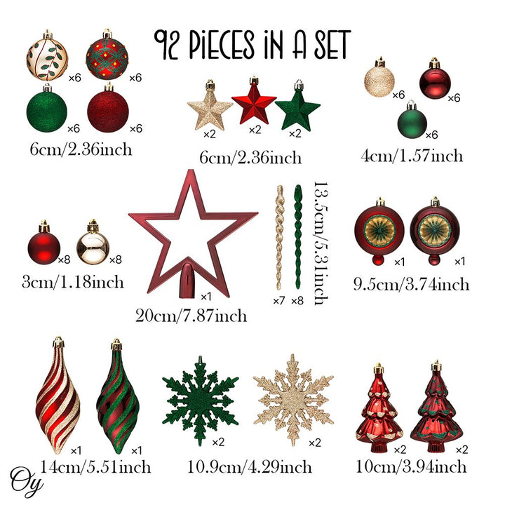 Alluring Large Christmas Ornament Set, Unique Red Green and Gold Baubles, 92 Charms and Snow Covered Trees with Dark Red Tree Topper Ornament Bundle OrnamentallyYou