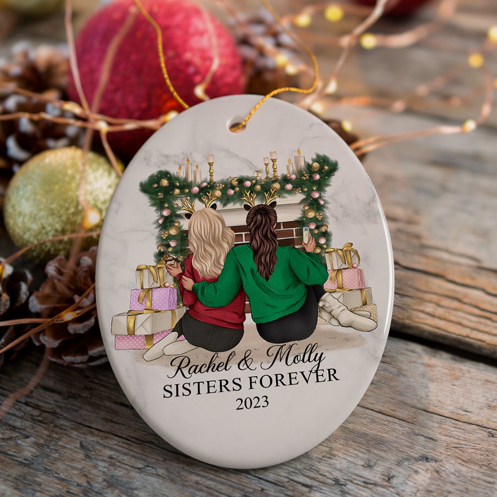 Besties Forever Personalized Christmas Ornament, Sisters or Bestfriends Womens Gifts Ceramic Ornament OrnamentallyYou Oval 