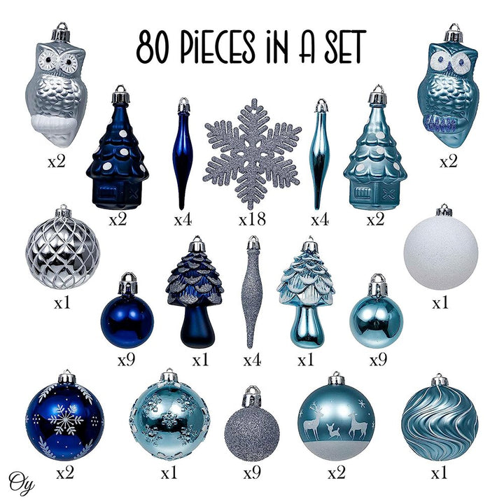 Blue and Silver Ornament Bundle Set, Owls and Glittery Winter Tree 80 Piece Set Ornament Bundle OrnamentallyYou