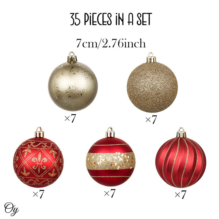 Charming Set of 35 Red and Gold Color Ornament Baubles, Christmas Tree Set Ornament Bundle OrnamentallyYou