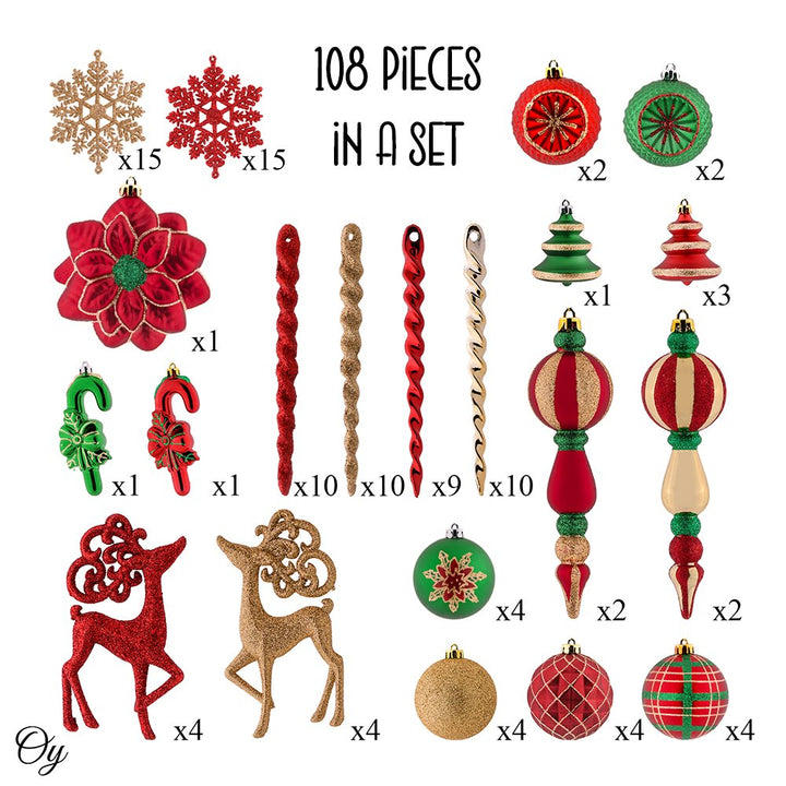 Christmas Sensation Mega Holiday Ornament Set, 108 Unique Baubles, Trees, Candycanes, and Snowflakes Ornament Bundle OrnamentallyYou