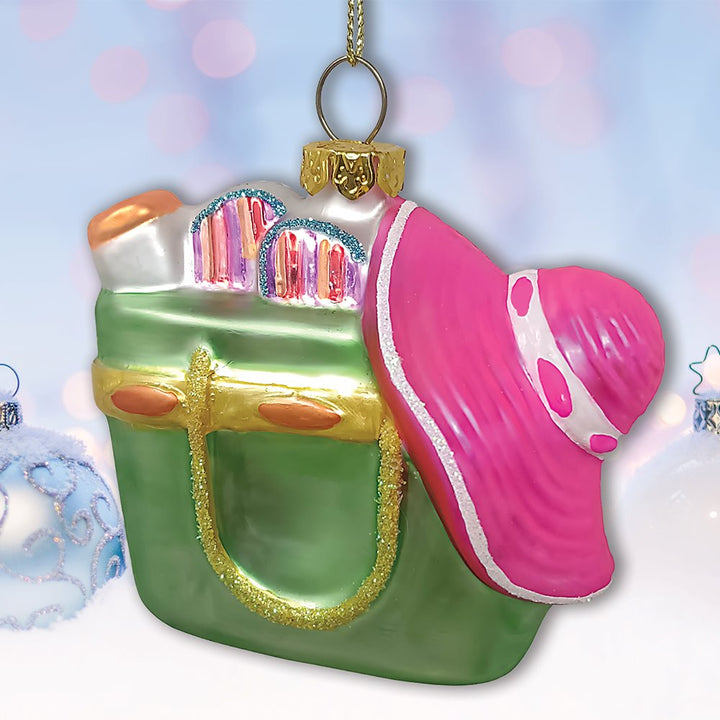 Coastal Beach Bag Glass Christmas Ornament, Ocean Seaside Nautical Home Tree Decoration OrnamentallyYou