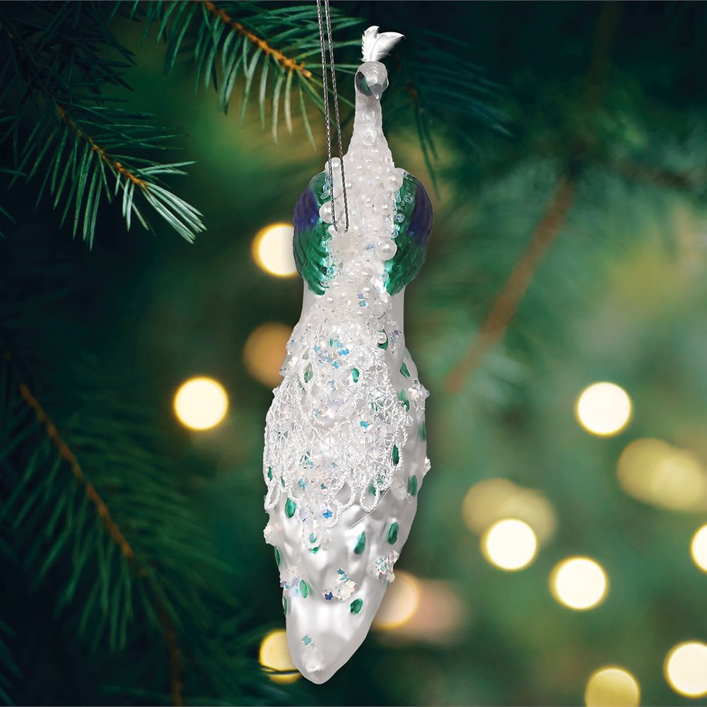 Elegant Winter Peacock Glass Christmas Ornament OrnamentallyYou