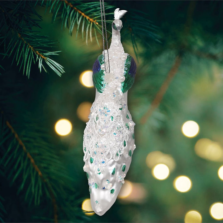 Elegant Winter Peacock Glass Christmas Ornament OrnamentallyYou