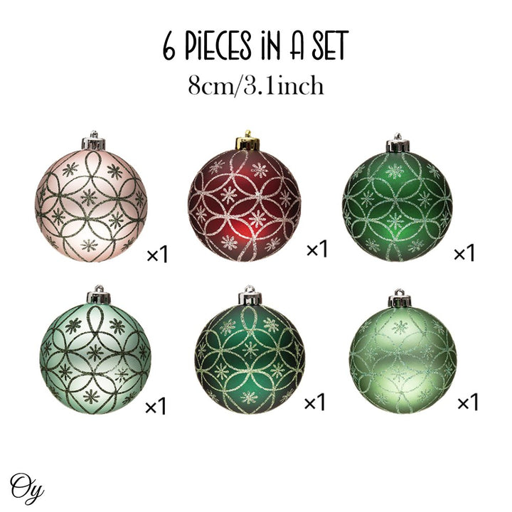 Enchanting Subtle Nature Ornament Bundle, Set of 6 Pine Green, Light Green, Mint Green, Pink and Matte Red Baubles Ornament Bundle OrnamentallyYou
