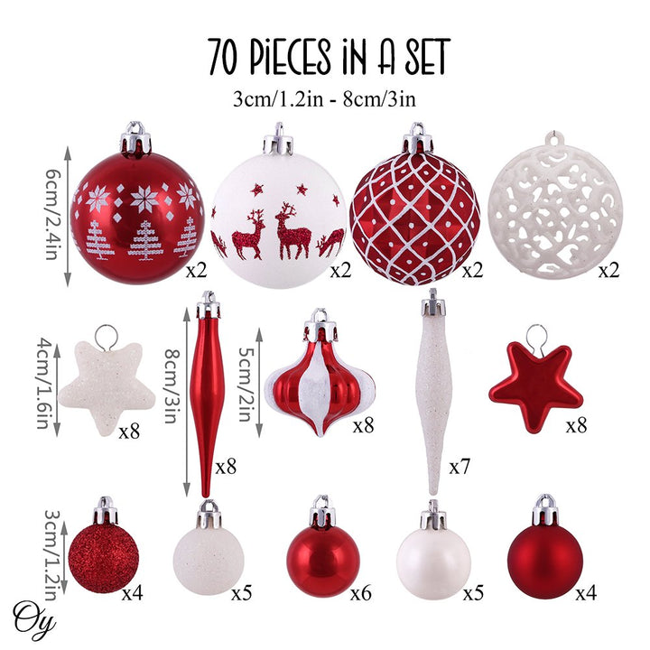 Endearing Prominent Red and White Christmas Ornament Set, Bauble Bundle with Candycane Colors and Patterns 70 Pieces Ornament Bundle OrnamentallyYou