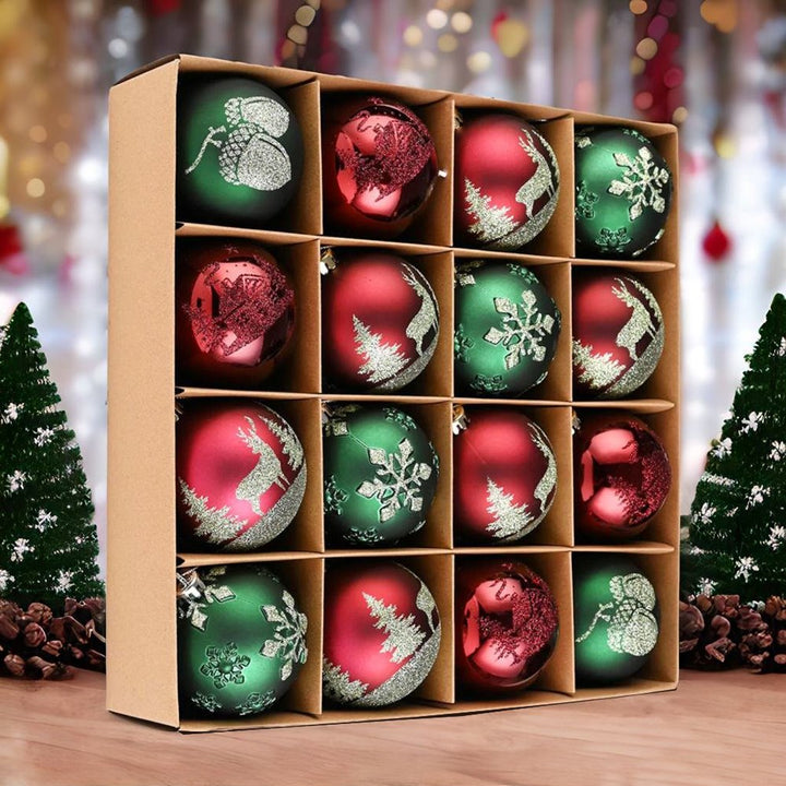 Majestic Winterly Nature Glittered Ornament Bauble Set, Red and Green Balls Bundle with Acorns, Snowflakes, and Spruce Tree Accents Glass Ornament OrnamentallyYou