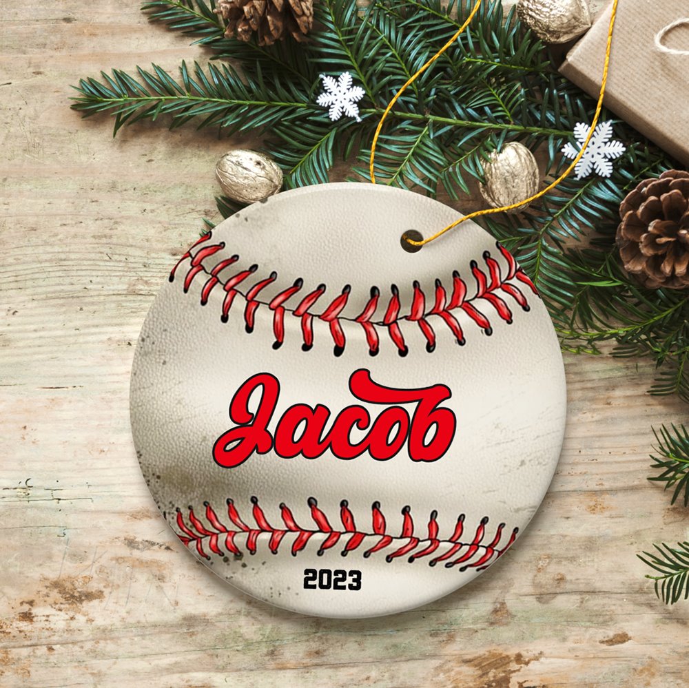 Personalized Baseball Christmas Ornament, Festive Holiday Theme with Name and Date Ceramic Ornament OrnamentallyYou 