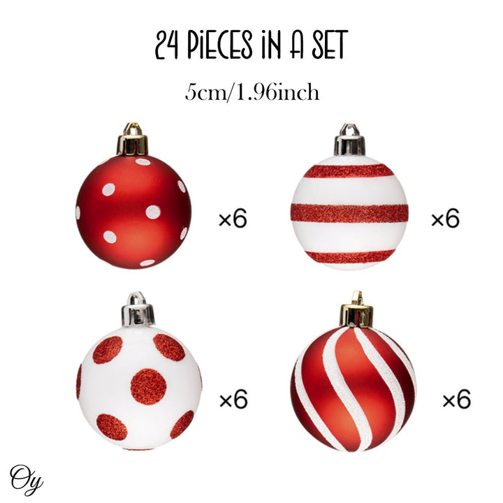 Polka Dot and Candycane Color Style Ornament Ball Bundle, Set of 24 Red and White Patterned Christmas Baubles Ornament Bundle OrnamentallyYou