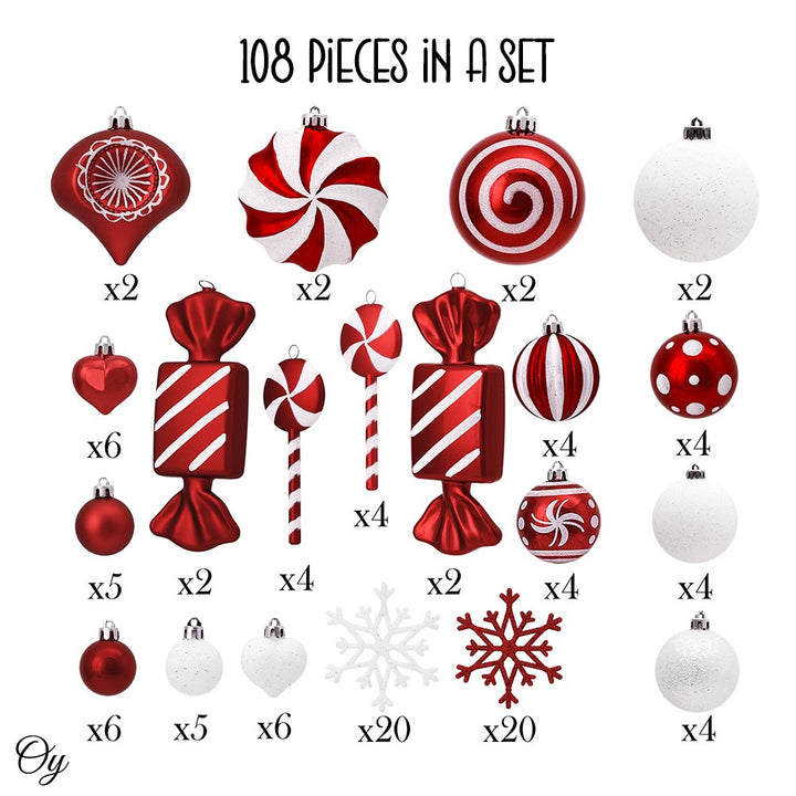 Premium Christmas Candy Red and White Large Ornament Set, Candycane Color 108 Piece Bauble Bundle Ornament Bundle OrnamentallyYou