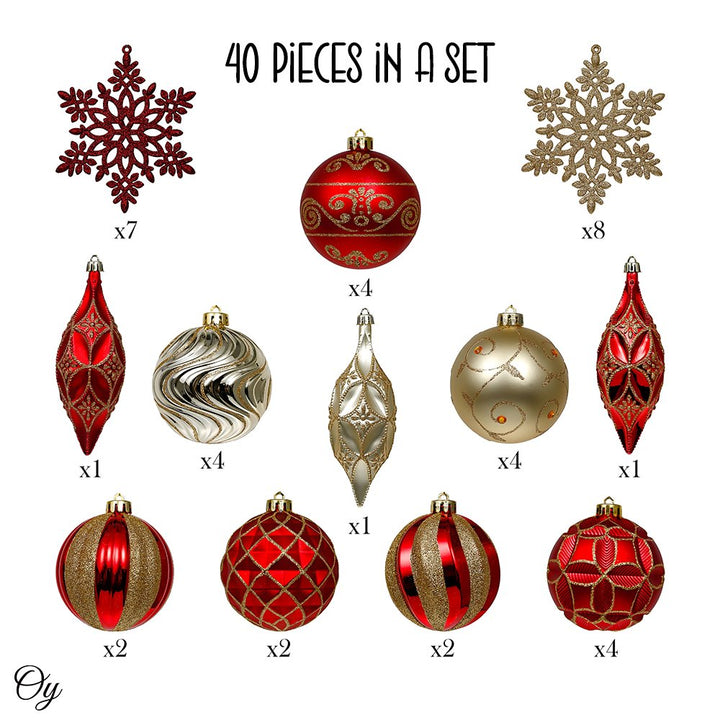 Red and Gold Glitter Luxury Shatterproof Christmas Ornament Bauble Set Ornament Bundle OrnamentallyYou