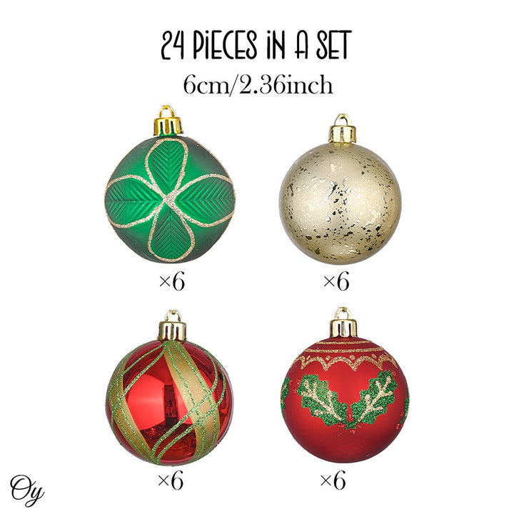 Refined Ornament Bauble Set, 24 Piece Red, Gold, and Green Glitter Christmas Bundle Ornament Bundle OrnamentallyYou