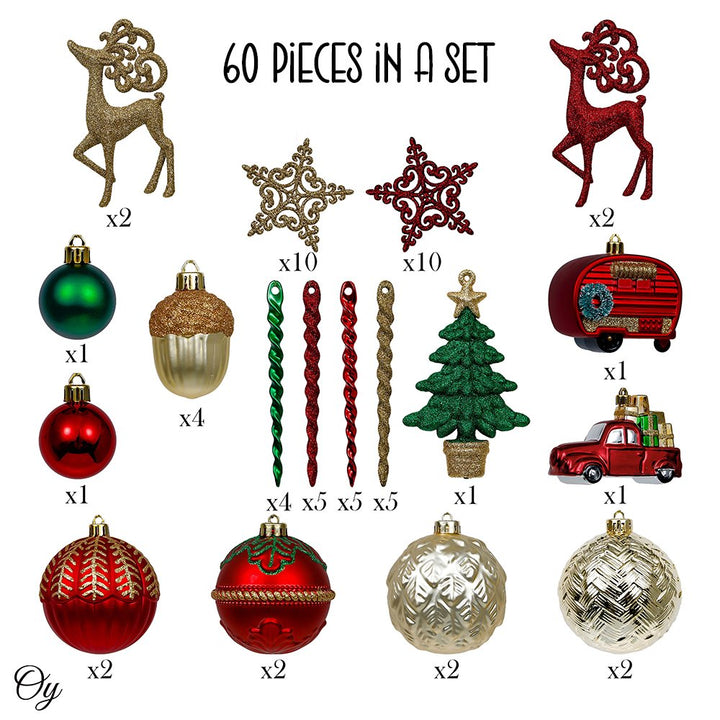 Rustic Christmas Adventure Ornament Bauble 60 Piece Set, Camping Truck, Acorns, Woods Theme Ornament Bundle OrnamentallyYou