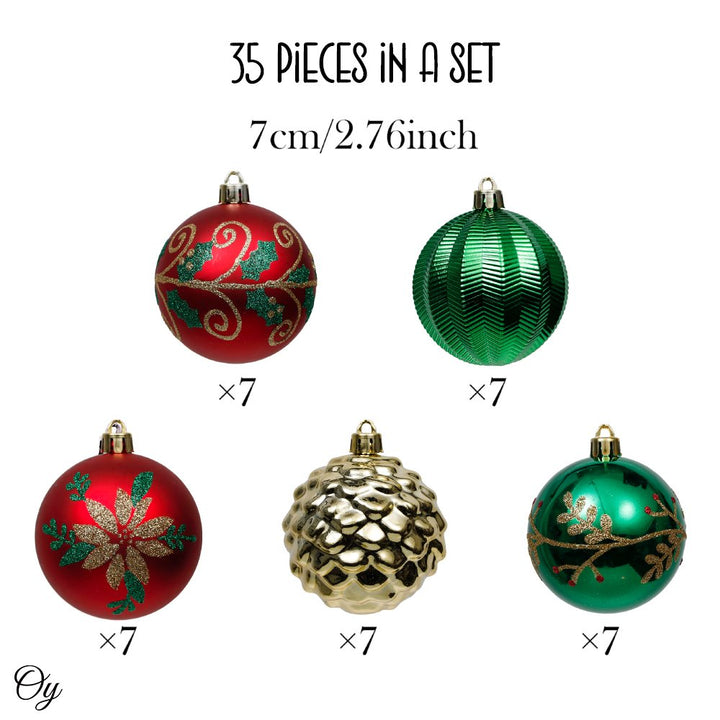 Uniquely Patterned Christmas Bauble Set, 35 Ornaments with Red, Green, and Gold Ornament Bundle OrnamentallyYou