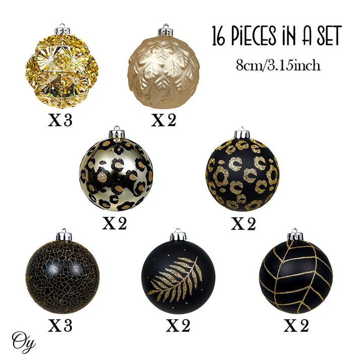 Vogue Black and Gold Ornament Set, Stylish Tree Set of 16 Glittery Baubles Ornament Bundle OrnamentallyYou