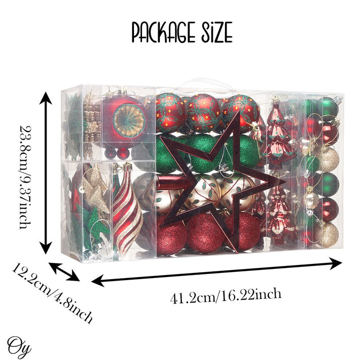 Alluring Large Christmas Ornament Set, Unique Red Green and Gold Baubles, 92 Charms and Snow Covered Trees with Dark Red Tree Topper Ornament Bundle OrnamentallyYou