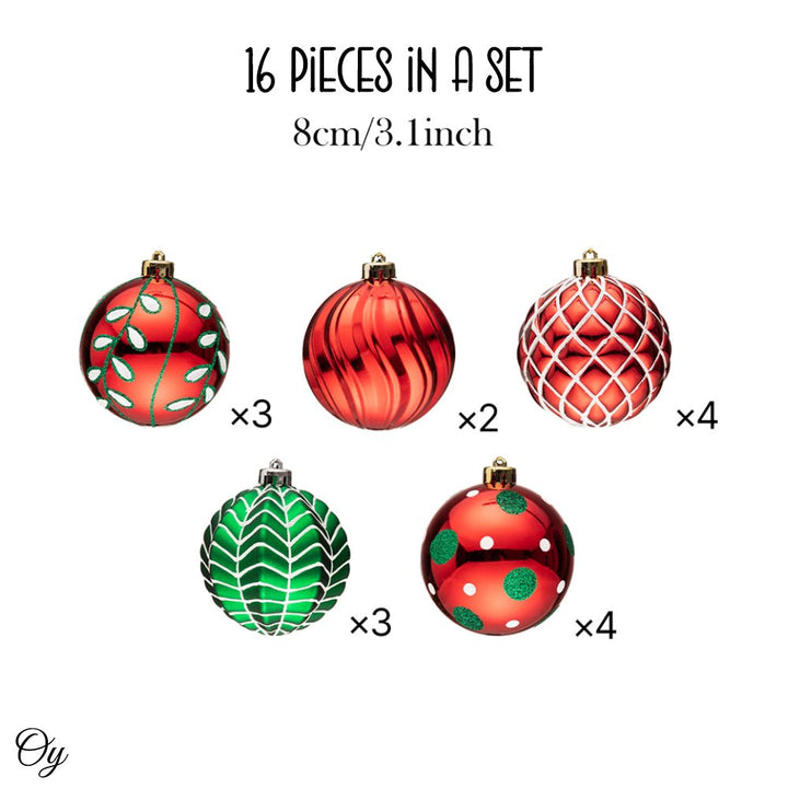 Festive Christmas Ornament Bundle, 16 Red and Green Glittered Baubles Ornament Bundle OrnamentallyYou