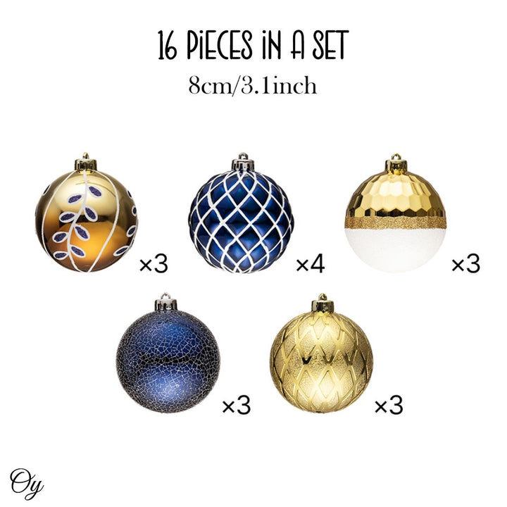 Festive Gold and Frosted Blue Assorted Ornament Bauble Bundle, Set of 16 Elegant Christmas Balls Ornament Bundle OrnamentallyYou