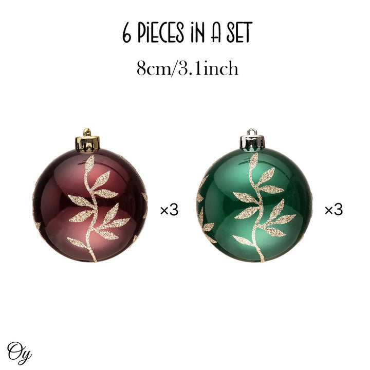 Majestic Gold Glittered Floral Bauble Christmas Ornament Set, 6 Pieces of Maroon and Green Round Tree Balls Ornament Bundle OrnamentallyYou