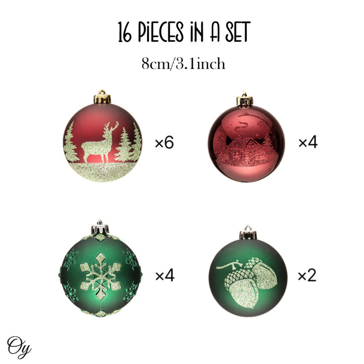 Majestic Winterly Nature Glittered Ornament Bauble Set, Red and Green Balls Bundle with Acorns, Snowflakes, and Spruce Tree Accents Glass Ornament OrnamentallyYou