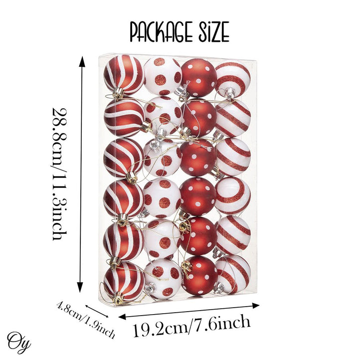 Polka Dot and Candycane Color Style Ornament Ball Bundle, Set of 24 Red and White Patterned Christmas Baubles Ornament Bundle OrnamentallyYou