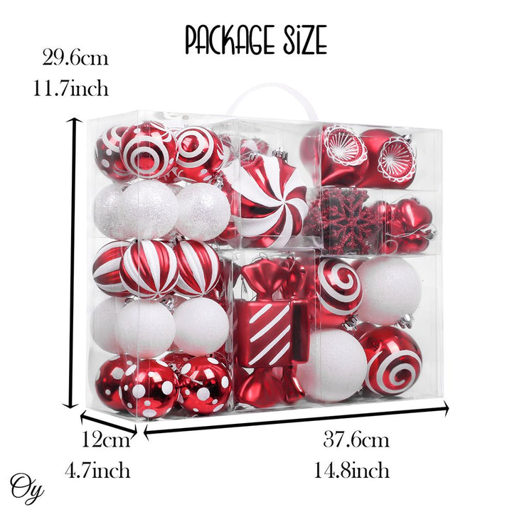 Premium Christmas Candy Red and White Large Ornament Set, Candycane Color 108 Piece Bauble Bundle Ornament Bundle OrnamentallyYou