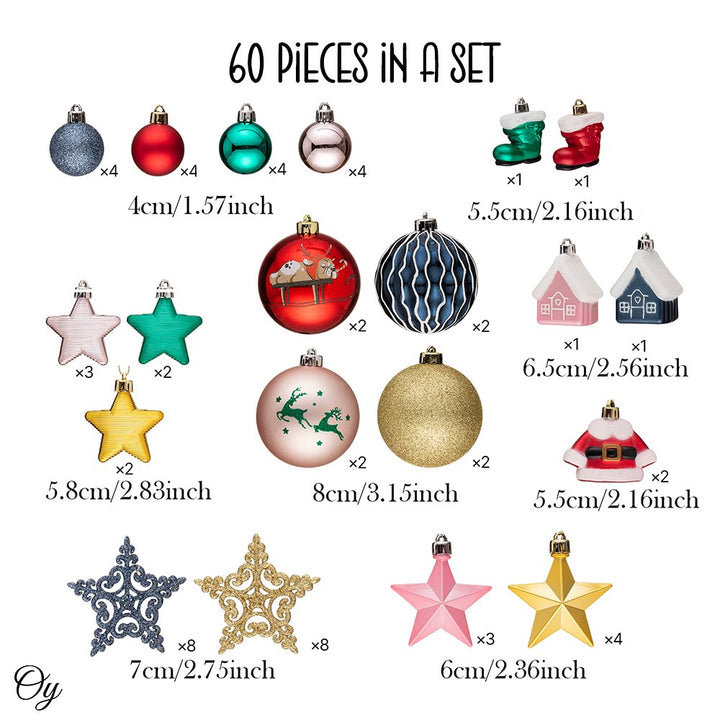 Premium Christmas Ornament Eclectic Bundle Set, 60 Glitter Filled Baubles, Homes, Star Charms Ornament Bundle OrnamentallyYou