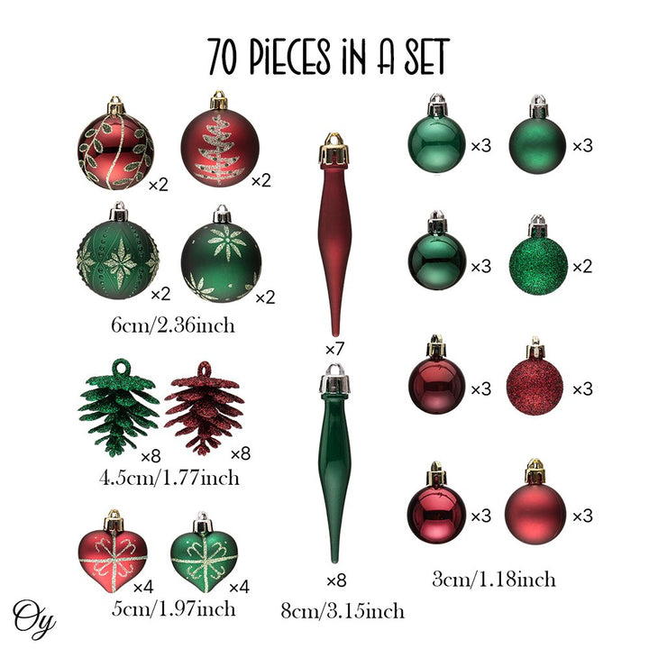 Sophisticated Red and Green Saturated Ornament Ball Bundle Set, Refined Forest Nature Glittered Patterns on Baubles, 70 Pieces Ornament Bundle OrnamentallyYou