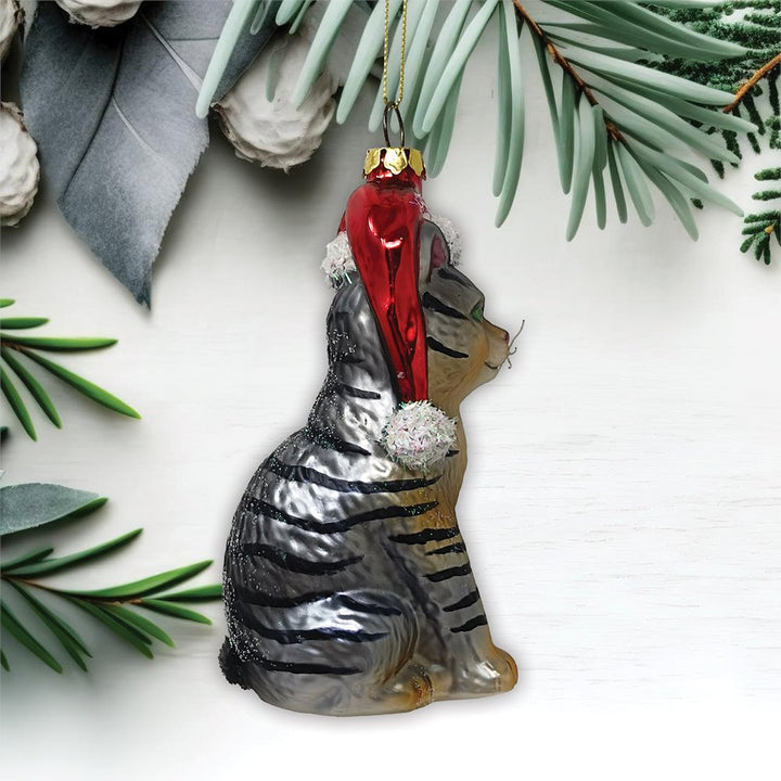 Tabby Cat with Santa Hat Glass Christmas Ornament Glass Ornament OrnamentallyYou