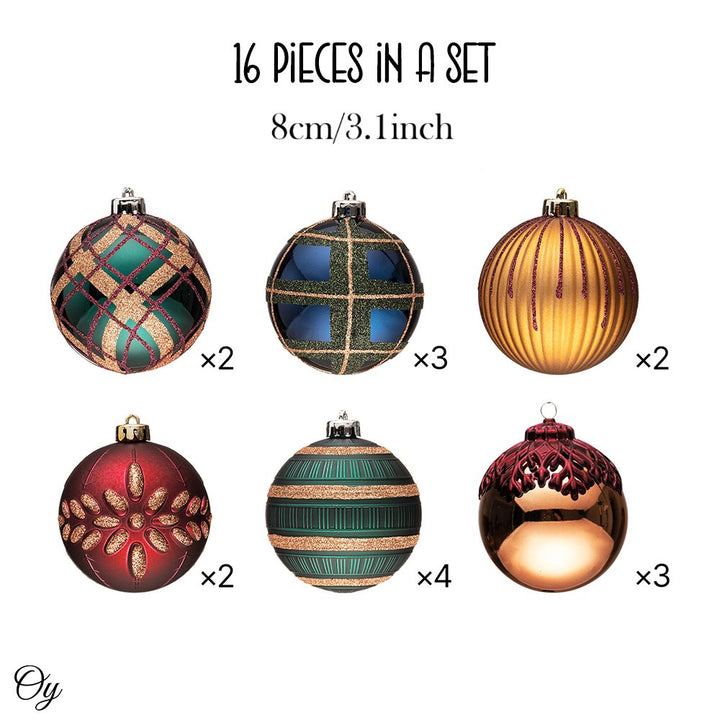 Touch of Gold Delightfully Glittered Ornament Bauble Set, Green, Blue, Bronze and Maroon 16 Piece Bundle Ornament Bundle OrnamentallyYou