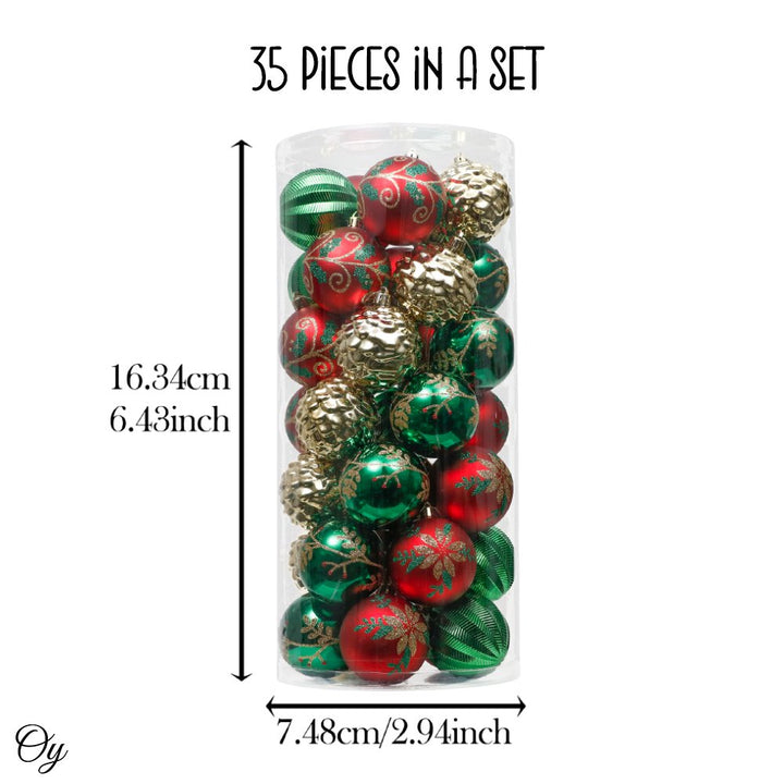 Uniquely Patterned Christmas Bauble Set, 35 Ornaments with Red, Green, and Gold Ornament Bundle OrnamentallyYou