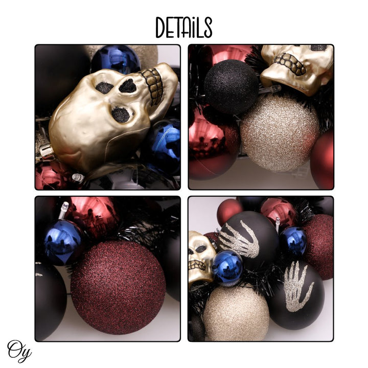 Creep and Glitter Spooky Wreath with Skeleton Skull Baubles, Black, Maroon and Gold Colors with Shiny Glitter Wreath OrnamentallyYou