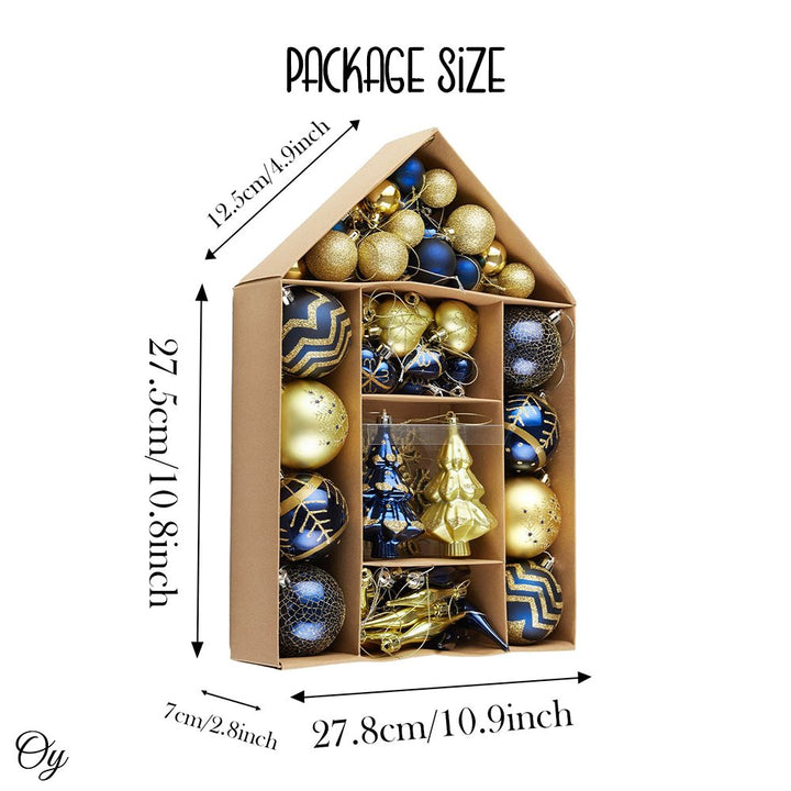 Glam and Glittered Gold and Blue Elegant Christmas Ornament Set, 70 Assorted Balls, Trees, Snowflakes, and Royal Heart Pendants Ornament Bundle OrnamentallyYou