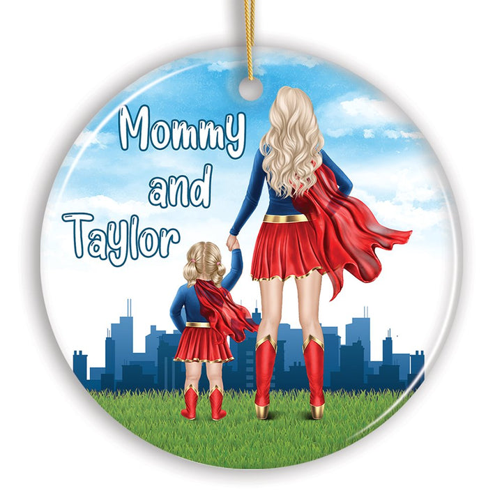Superhero Mom and Daughter Personalized Ornament, Wonder Woman Christmas Gift for Mother with Child Ceramic Ornament OrnamentallyYou