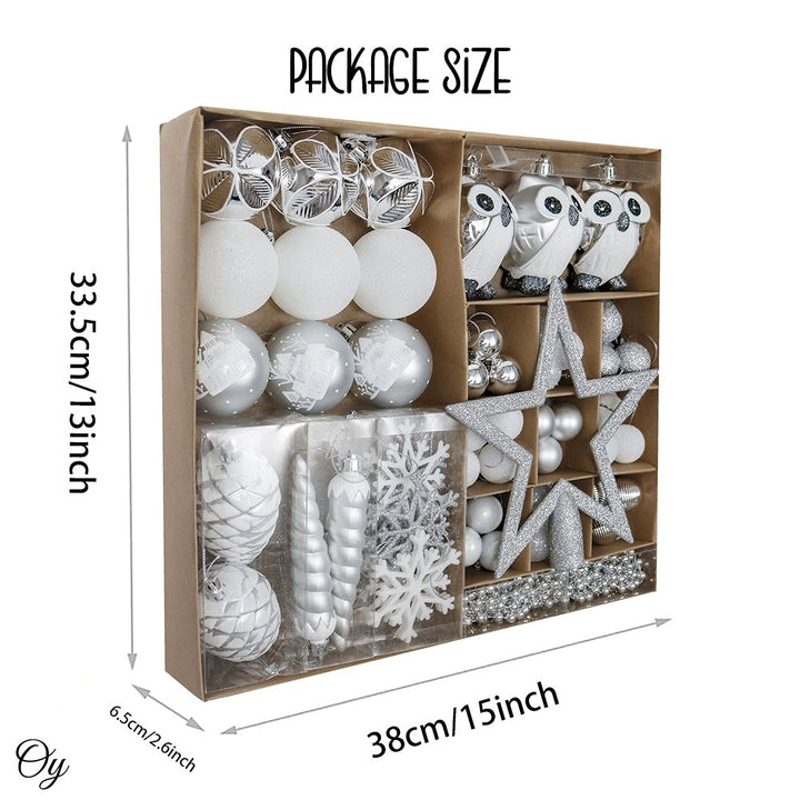 Winter Woodlands Large White and Silver Ornament Set of 90, Glittery Snow Owls, Cones, Snowflakes, and Stalactites Ornament Bundle OrnamentallyYou