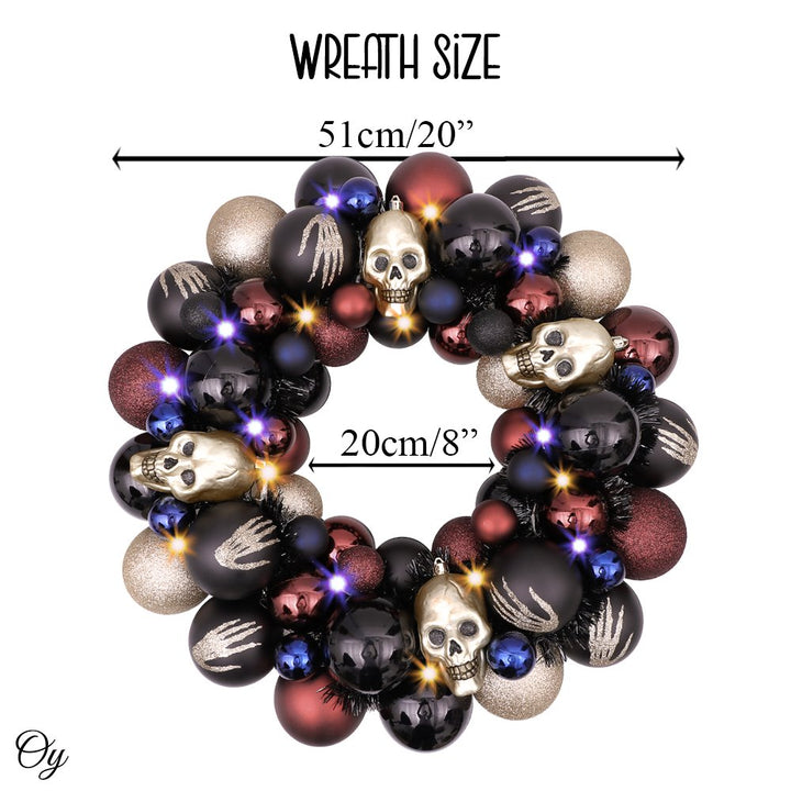 Creep and Glitter Spooky Wreath with Skeleton Skull Baubles, Black, Maroon and Gold Colors with Shiny Glitter Wreath OrnamentallyYou