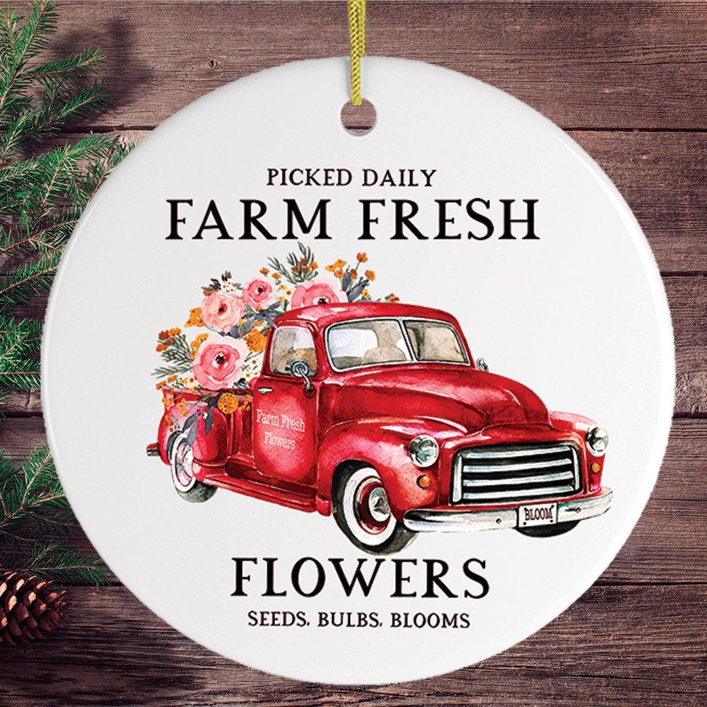 Artistic Red Truck and Farm Flowers Christmas Ornament Ceramic Ornament OrnamentallyYou Circle