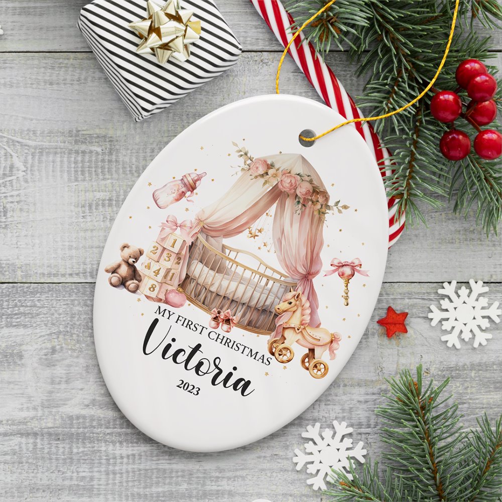 Personalized Baby Girl First Christmas Ornament, Treasured Newborn Holiday Debut Gift Ceramic Ornament OrnamentallyYou Oval 