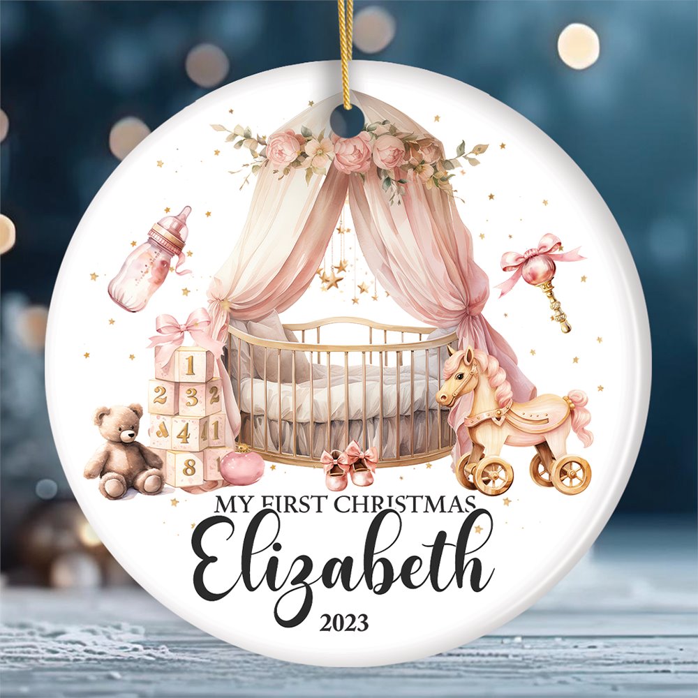 Personalized Baby Girl First Christmas Ornament, Treasured Newborn Holiday Debut Gift Ceramic Ornament OrnamentallyYou Circle 