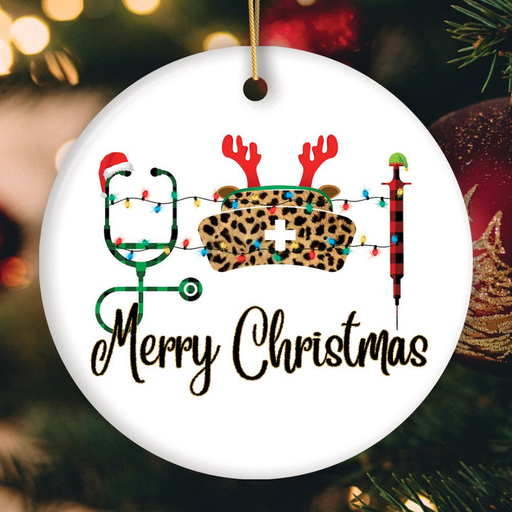 Plaid Nurse Theme Merry Christmas Ornament, Stethoscope and Needle Ceramic Ornament OrnamentallyYou Circle