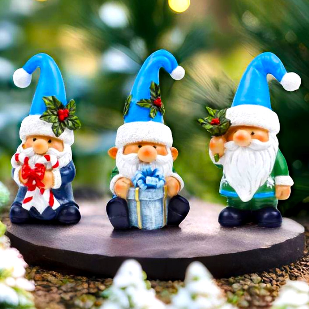 Sky Blue Hat Festive Holiday Gnome Set of Three Miniature Christmas Tabletop Figurine Statues Resin Statues OrnamentallyYou 