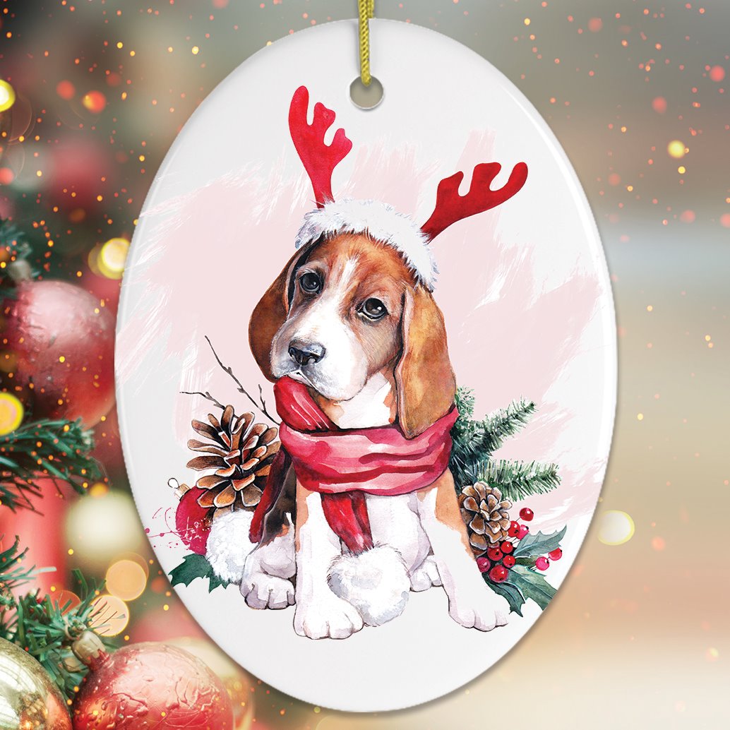 OrnamentallyYou Watercolor Beagle Christmas Ornament Style Oval