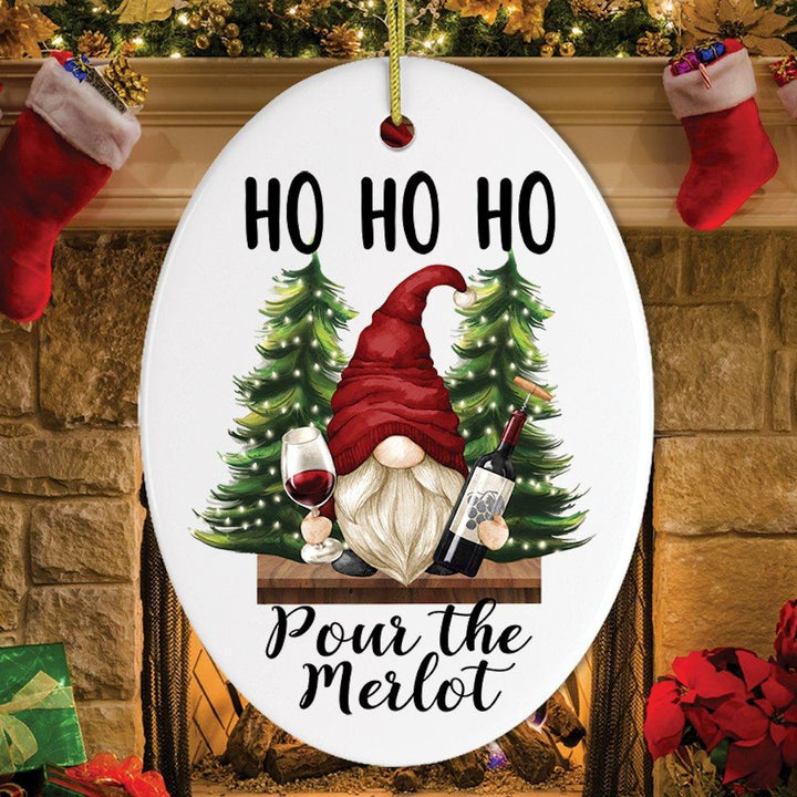 Ho Ho Ho Pass the Merlot Wine Gnome Ornament Ceramic Ornament OrnamentallyYou Oval