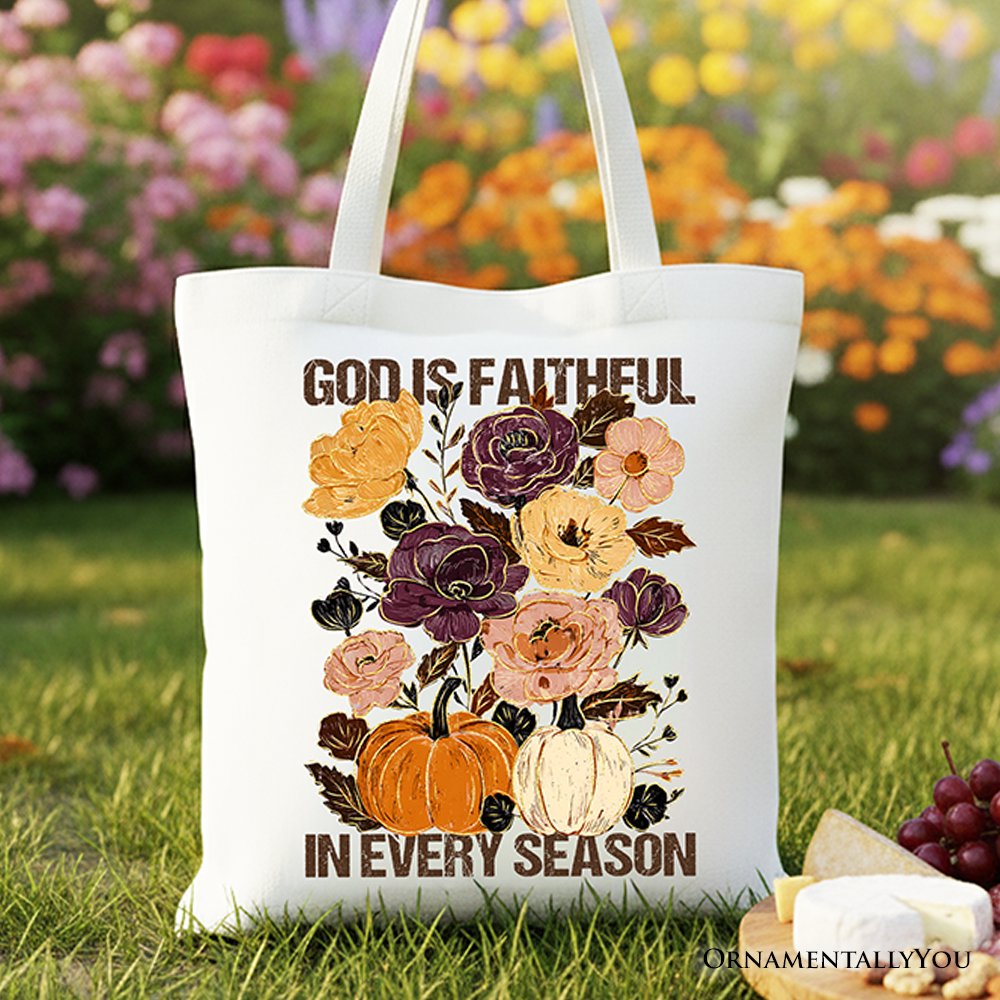God Is Faithful in Every Season Floral Tote Bag, Christian Fall Gift Shopper Tote Bag OrnamentallyYou White 